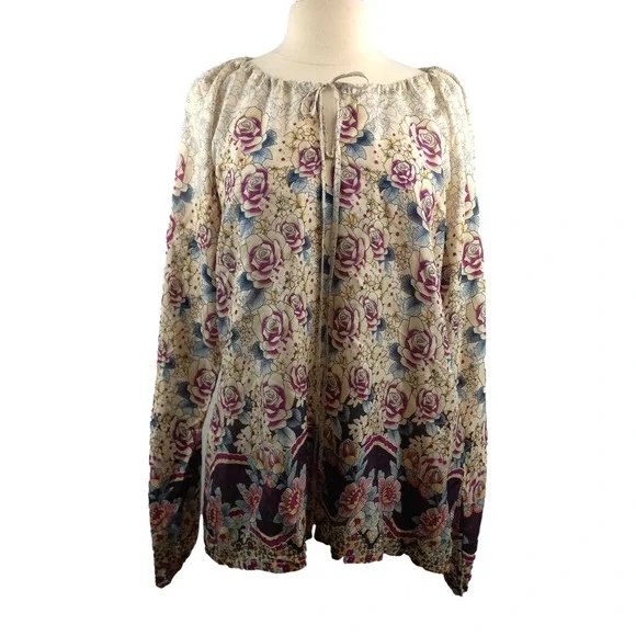 Gerard Darel Plum and Teal on Cream Silk Floral Tunic Blouse Size Small EUC - Picture 1 of 13